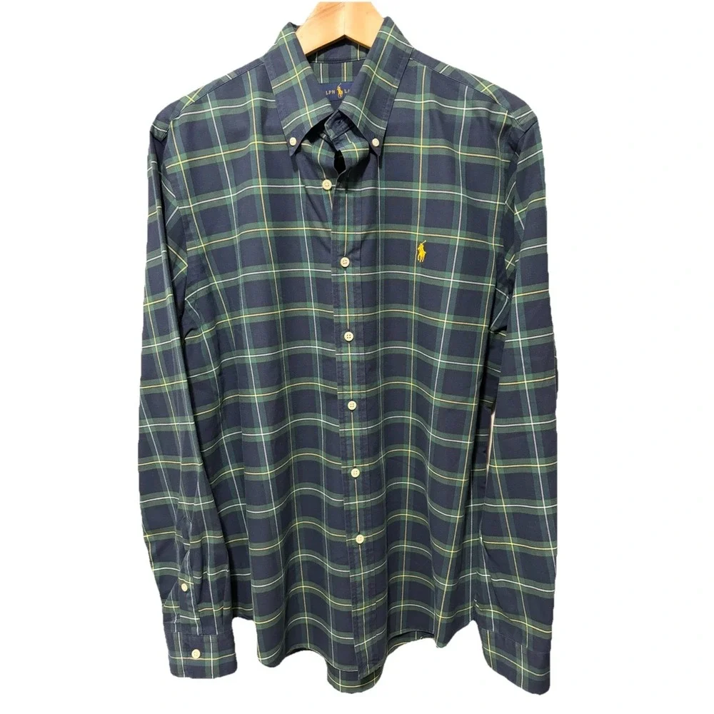 Polo Ralph Lauren Plaid Button Down Shirt Men’s Large Blue Green Classic Cotton